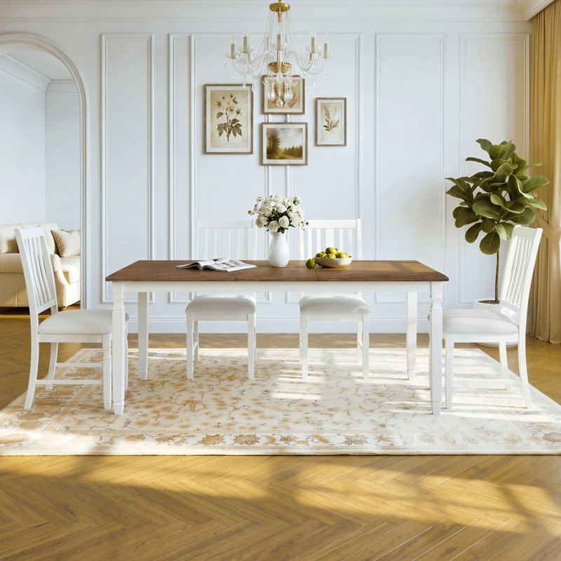 Ensemble de table de salle à manger extensible 5 pièces pour 4 personnes, table de placage en chêne de style campagnard et 4 chaises à dossier en lattes rembourrées, ensemble de salle à manger à structure compacte en bois d'hévéa massif