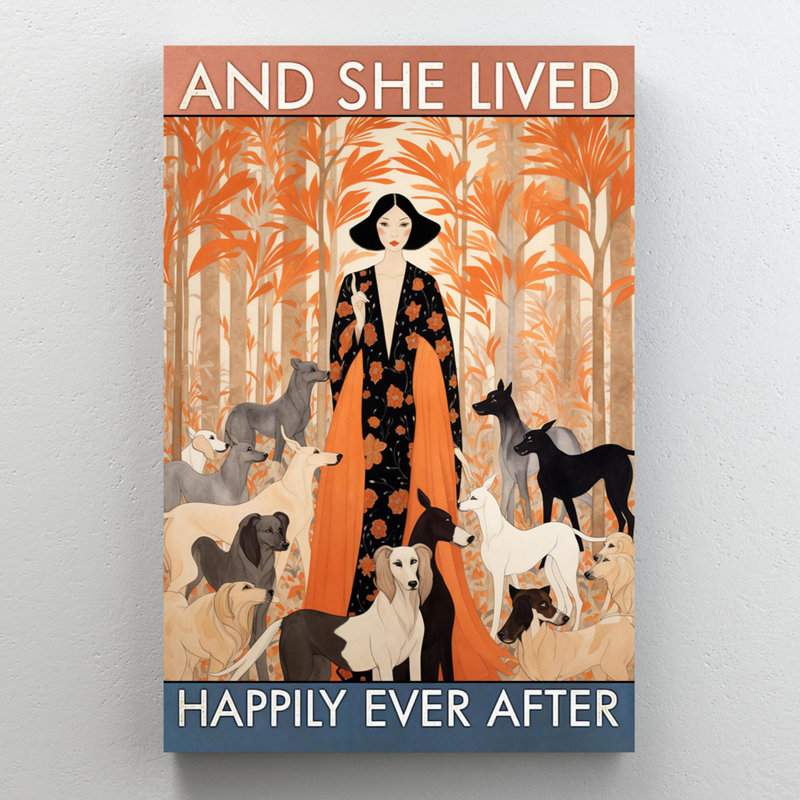 « Les chiens et elle vécurent heureux » - Impression sur toile, H 36 po x l 24 po x P 1,25 po