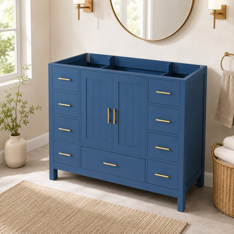 Meuble-lavabo de salle de bain de 107 cm (42,13 pouces) avec 2 portes doubles à fermeture douce et 9 tiroirs à glissière lisses, de couleur bleue.