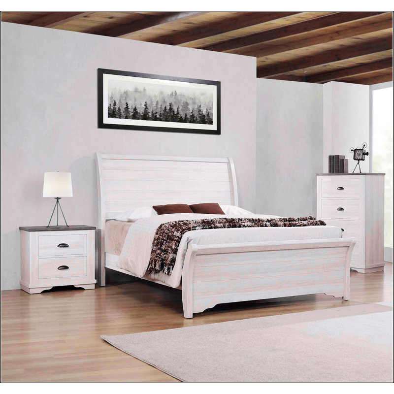 Table de chevet contemporaine à deux tiroirs, Blanc cassé + gris