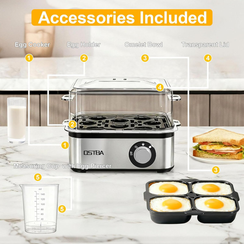 OSTBA 8‑Egg Electric Egg Cooker Machine, 500W Stainless Steel Egg Steamer with Timer, Buzzer, Auto Shut‑Off & Poaching Bowl for Hard‑Boiled Eggs