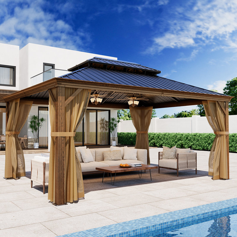 Patio Hardtop Double-Roofed Metal Patio Gazebo Multiple Sizes, 144" W x 192" L, Walnut