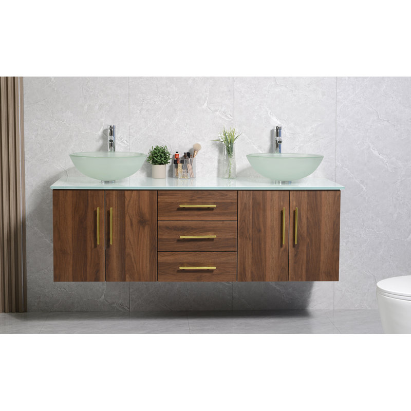 Ensemble de meuble-lavabo mural double, Brun