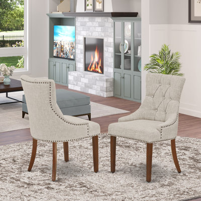 Friona Parson Dining Chairs - Button Tufted Nailhead Trim Doeskin Linen Fabric Upholstered Chairs, Set of 2, Mahogany