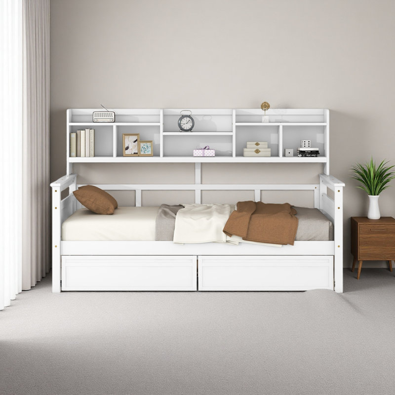 Lit de jour simple, support en lattes de bois, avec tablettes de chevet et deux tiroirs, Lit simple, Blanc