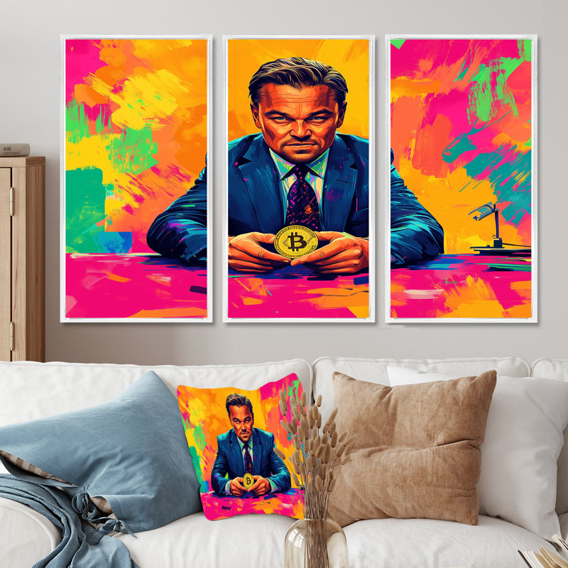 Ensemble de salon Popart Bitcoin Leonardo Dicaprio - loup de Wall Street, Métal métal, H 40 po x l 60 po x P 1 po