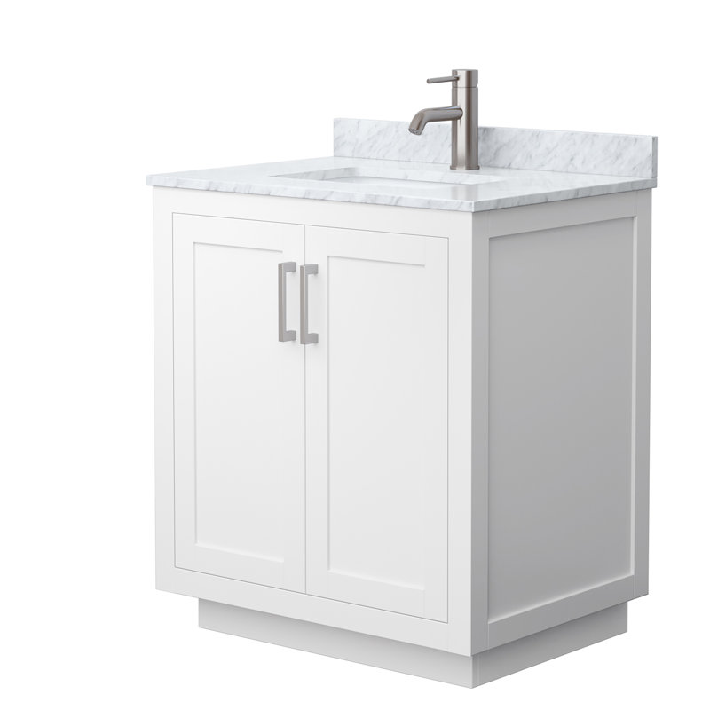 Ensemble de meuble-lavabo simple autoportant 30 po avec plateau en marbre Miranda, Blanc, Nickel brossé