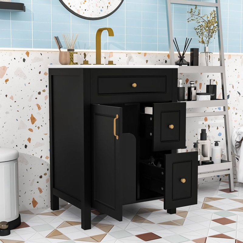 Contemporary Wood Bathroom Vanity with Premium Ceramic Basin, Soft-Close Door and Ample Storage, Black