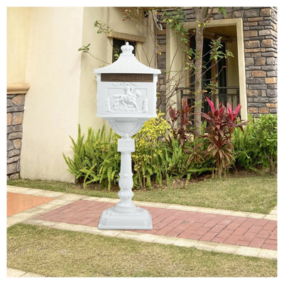 Locking Cast Aluminum Mailbox, White Heavy-Duty Post Mount Letter Box with Security Features