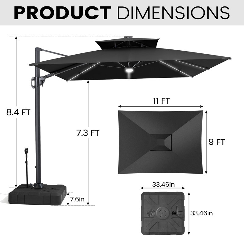 Parasol de patio rectangulaire en porte-à-faux avec base lestée 9 x 11 pi Wasif, Noir