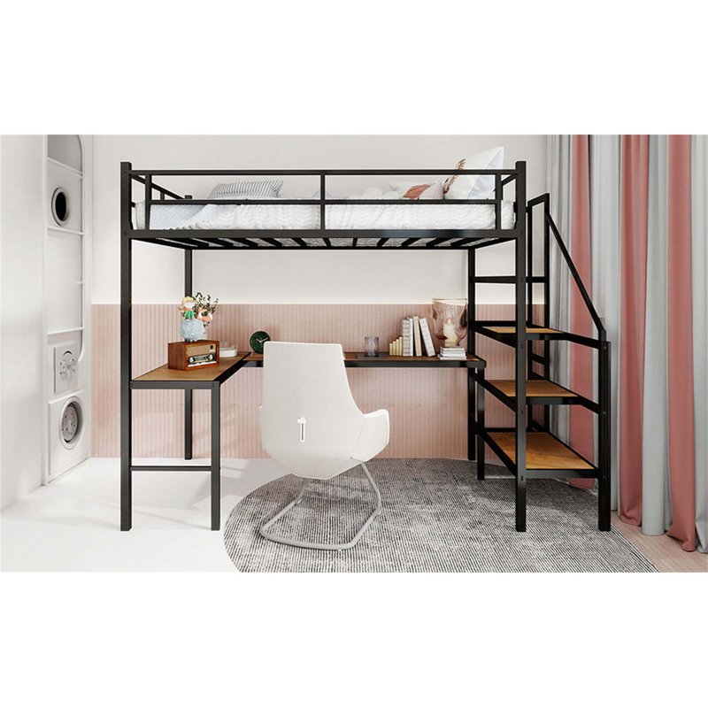 Lit mezzanine avec bureau intégré en forme de L, compartiments de rangement multiples, structure robuste, garde-corps continu pour économiser de l'espace et une utilisation silencieuse dans n'importe quelle pièce