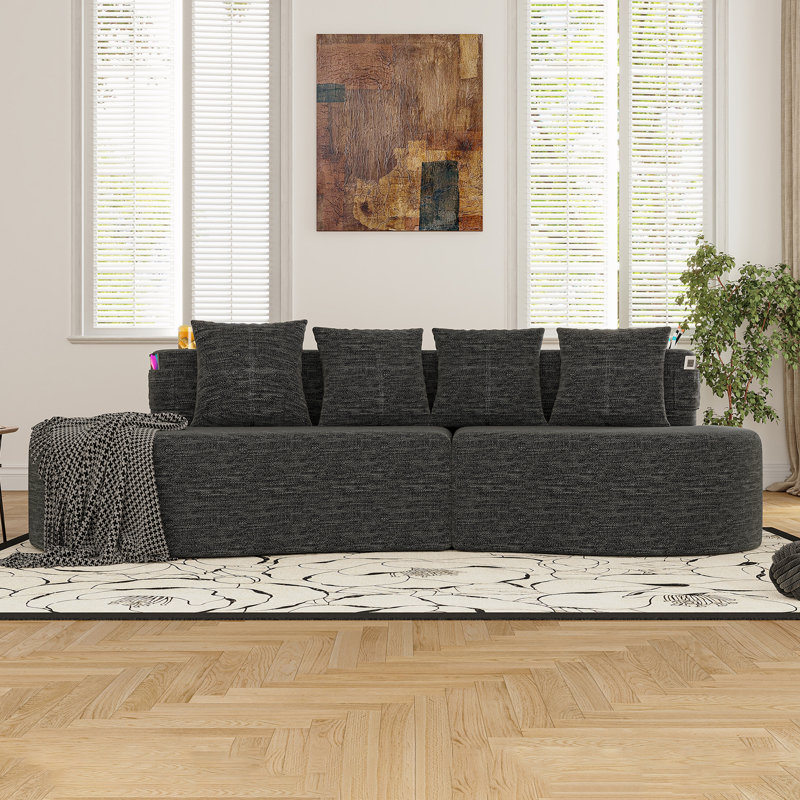 Canapé modulaire 3 places avec coussins, porte-gobelet et poche latérale, Dark Grey Chenille
