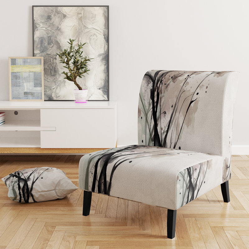 Abstract Orange Flowers - Upholstered Traditional Accent Slipper Chair, Beige/Black/White