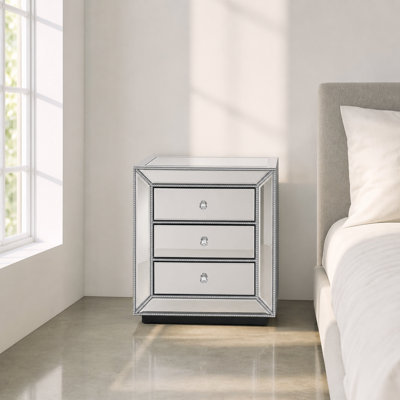 Armoire de rangement à trois tiroirs à finition miroir argentée avec poignées en cristal - Table de chevet moderne et armoire de rangement