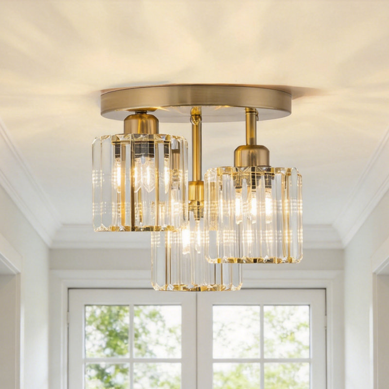 3-light Gold Semi Flush Mount Ceiling Light, Modern Crystal Fixture For Kitchen, Entryway & Bedroom, Brushed Gold