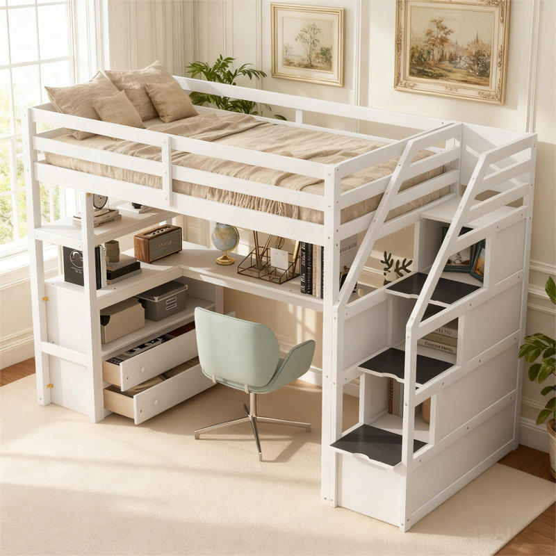 Lit mezzanine en bois massif avec bureau, tablettes, escalier de rangement et deux tiroirs intégrés, Simple, Blanc