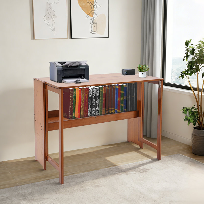 Bureau pliant en bambou avec bibliothèque 110,23 lb capacité d'écriture Bureau d'écriture pliable peu encombrant pour bureau à domicile Dortoir brun foncé