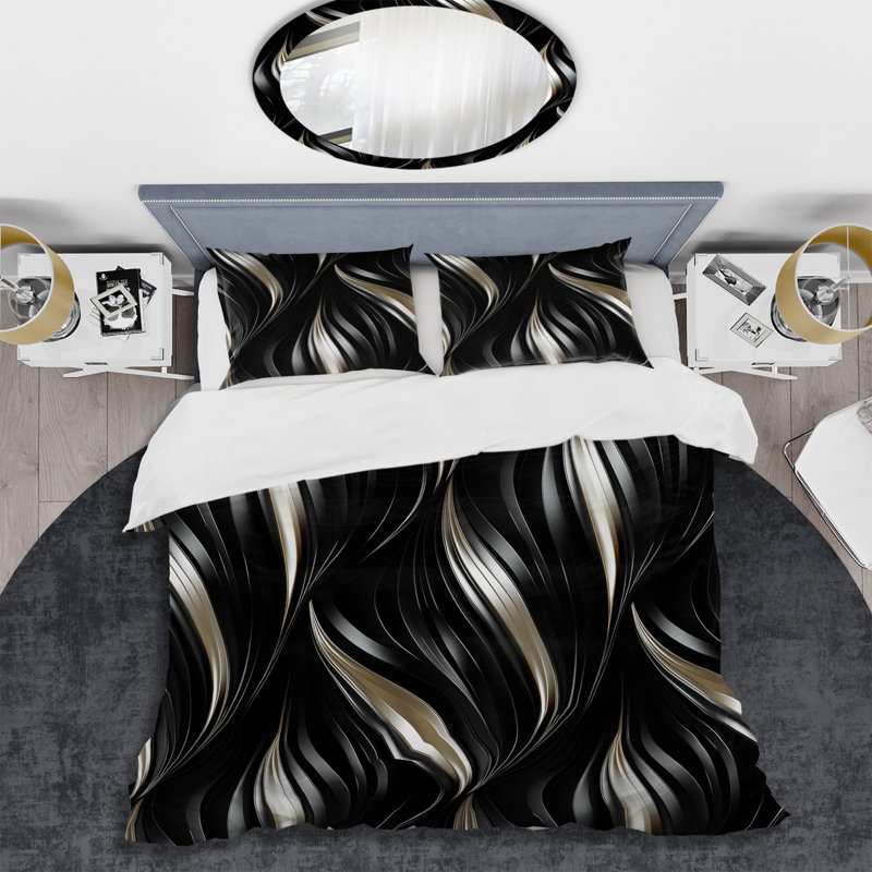 Ensemble de housse de couette Glam - Deep Black Silver Elegance II, Housse de couette pour très grand lit et 2 très