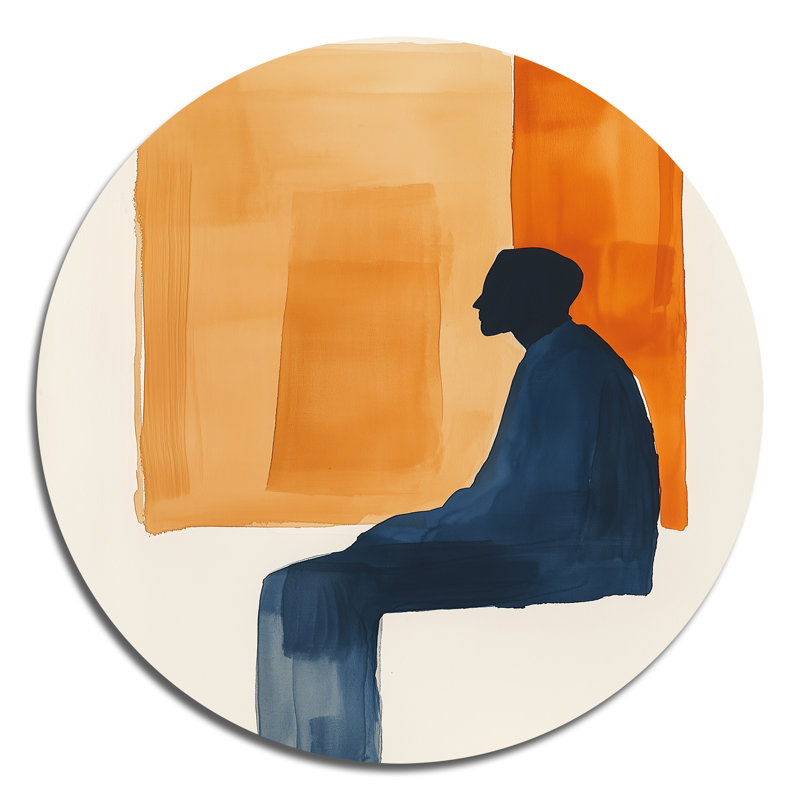 Reflet paisible en position assise - Affiche murale ronde en métal orange de style milieu du siècle, 29" H x 29" W