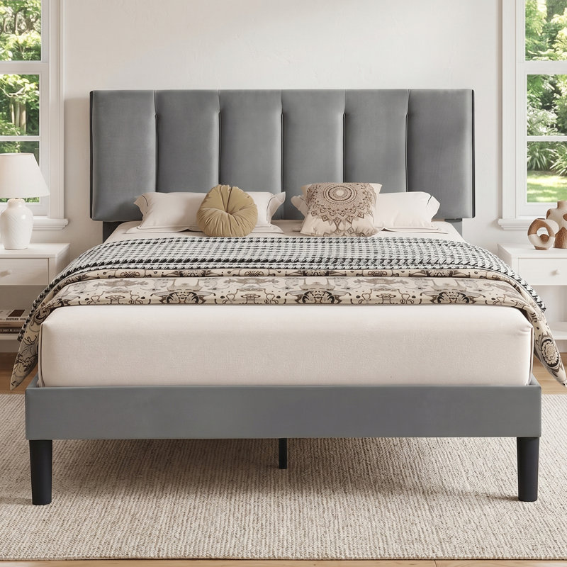 Double Size Platform Bed Frame With Adjustable Upholstered Headboard, Wooden Slats Support, No Box Spring Needed, Easy to Assembly
