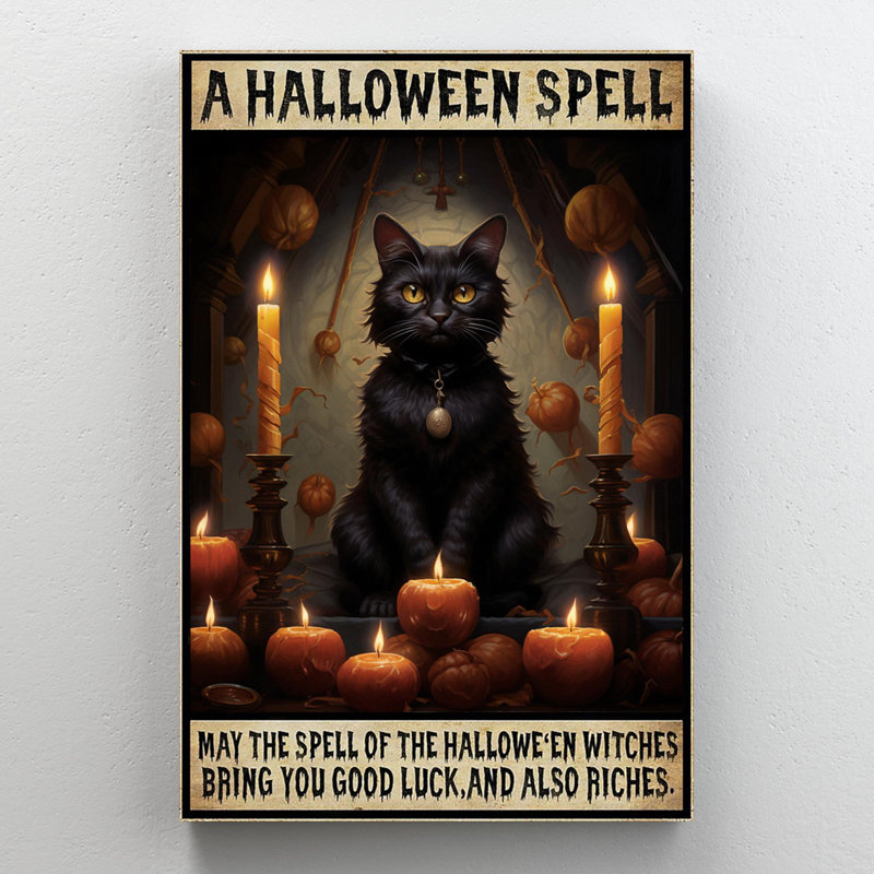 Javiar, chat noir, sort d'Halloween sur toile, H 36 po x l 24 po x P 1,25 po