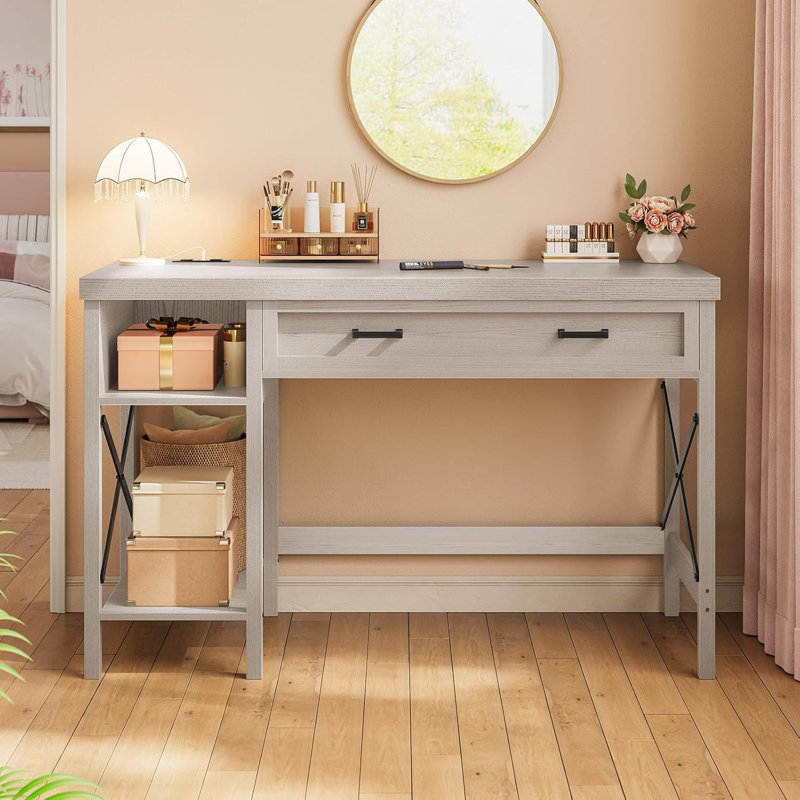 40" Study Table, Small Computer Desk With Drawer & Storage Shelves, Farmhouse Writing Desk, Gray