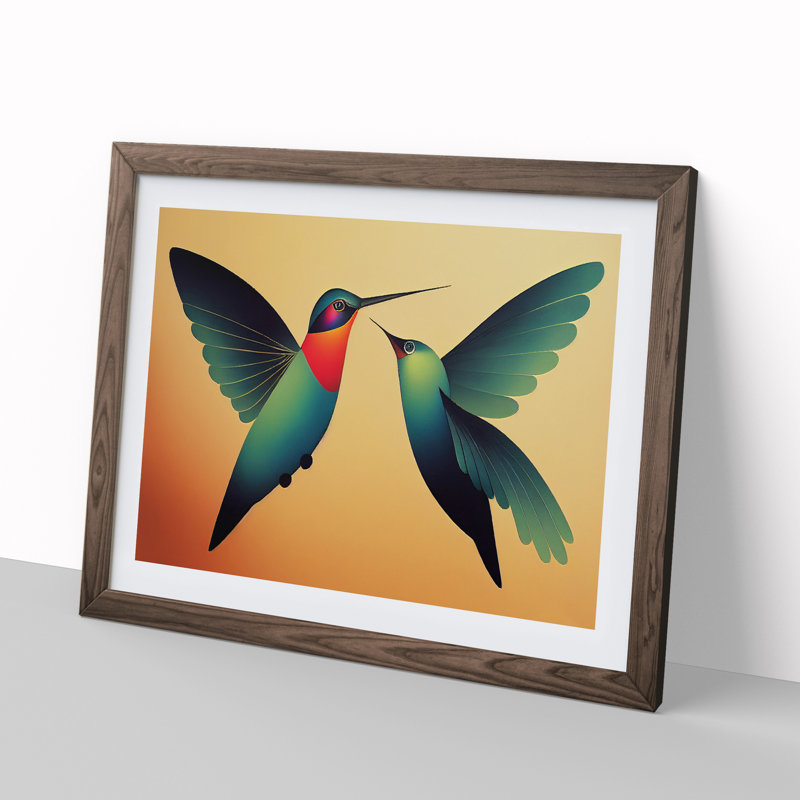 Unique Hummingbirds Abstract - Framed Print, 34cm H x 46cm W x 2cm D, Walnut