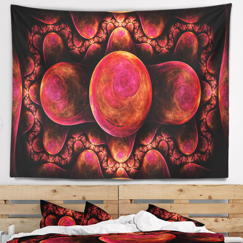 Tapisserie abstraite à motif fractal exotique rouge, H 78 po x l 92 po