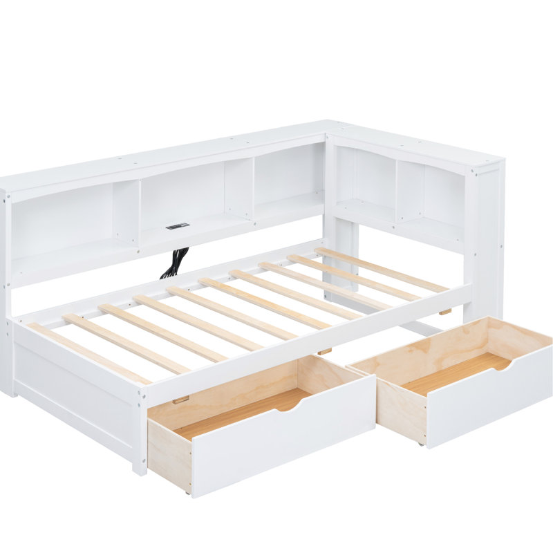 Lit de jour simple avec deux boîtes de rangement, connexions et prises de courant, Blanc