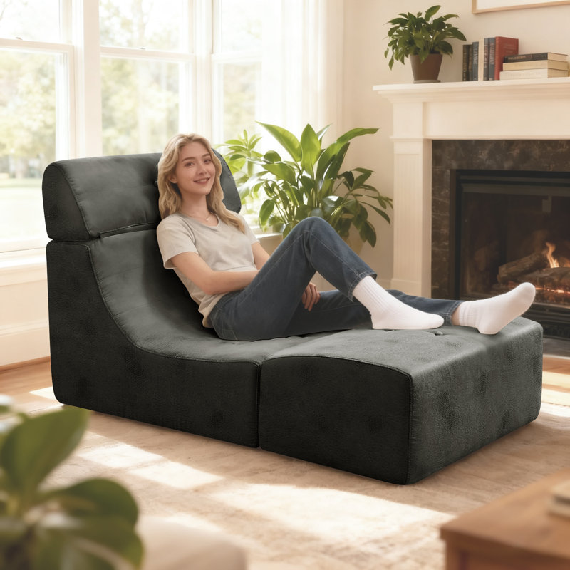 Armless Bean Bag Chair & Lounger Fireside Chair, Mid Century Foam Chair, Gray Fabric