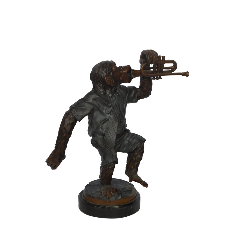 Statue singe avec trompette en bronze - Taille: L 24 po x l 12 po x H 26 po.