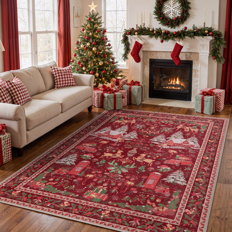 Tapis lavable à la machine Christmas, Rectangle 120 po x 96 po