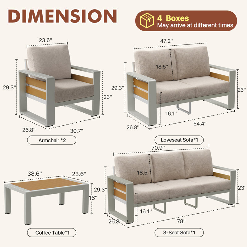 Ensemble de meubles d'extérieur en aluminium 5 pièces avec table basse et coussins épais, Beige