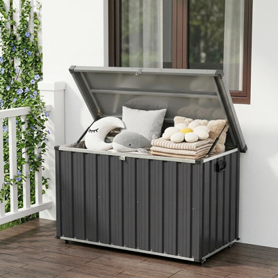 Boîte de rangement en métal imperméable 150 gallons avec roues, couvercle de vérin à gaz et poignées latérales - Rangement extérieur résistant aux intempéries pour coussins de patio, outils de jardin, jouets de piscine - noir + couvercle gris