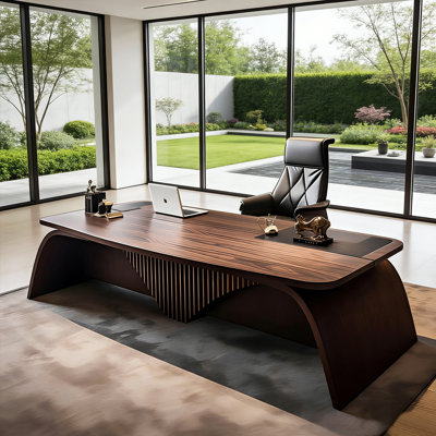 86.61"Vintage Solid Ash Wood Brown Executive Desk