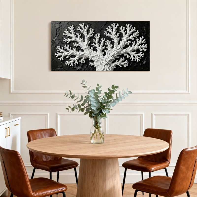 Fashion White Coral Tree On Black Background, 16" H x 32" W