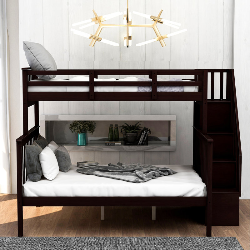 Lit superposé simple au-dessus de double avec rangement et garde-corps pour chambre à coucher Stairway, Espresso