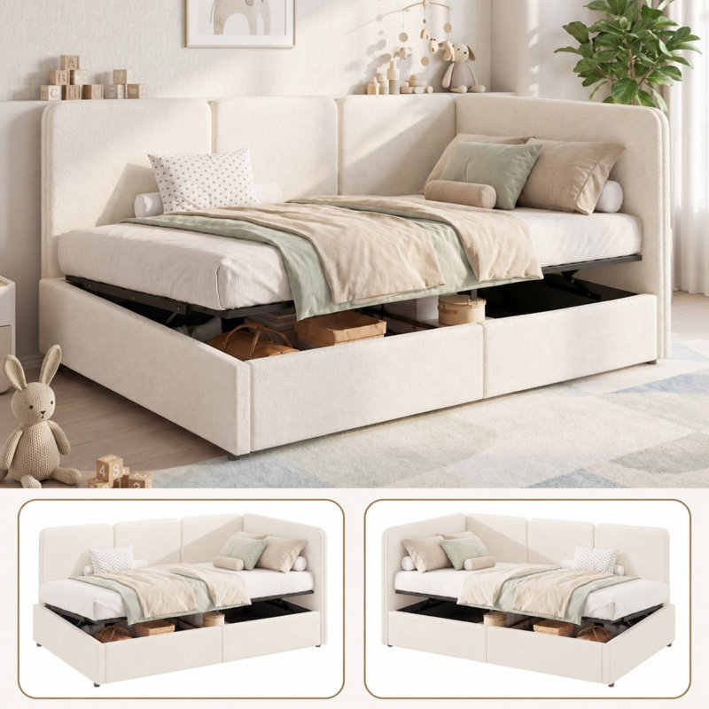 Single (3') Bed Frame, Beige-Boucle