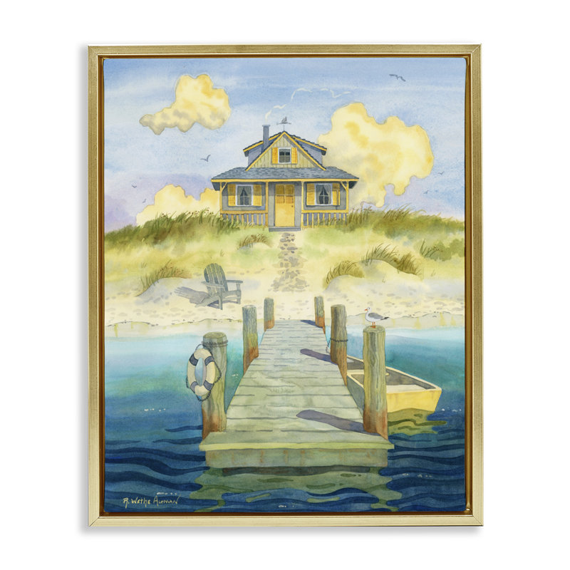 Cadre flottant Welcome Seaside Retreat Cottage, design par Robin Altman, 31 x 25, Metallic Gold Floater Framed