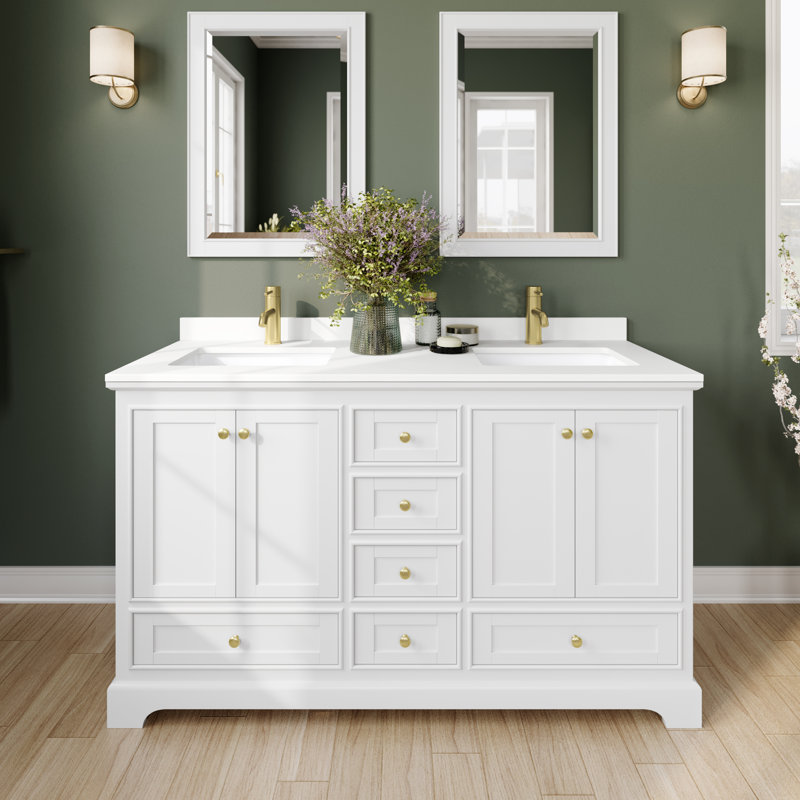 Meuble-lavabo double autoportant Deborah avec plateau en quartz, Or brossé, WDX13627, Blanc