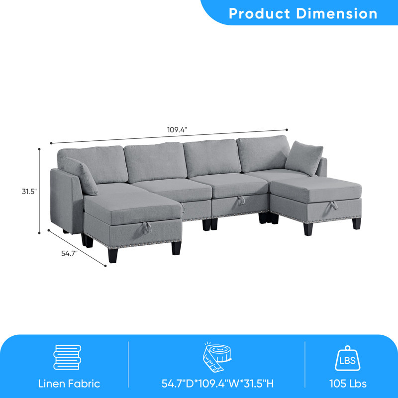 Canapé modulaire en lin avec repose-pieds, Gris clair