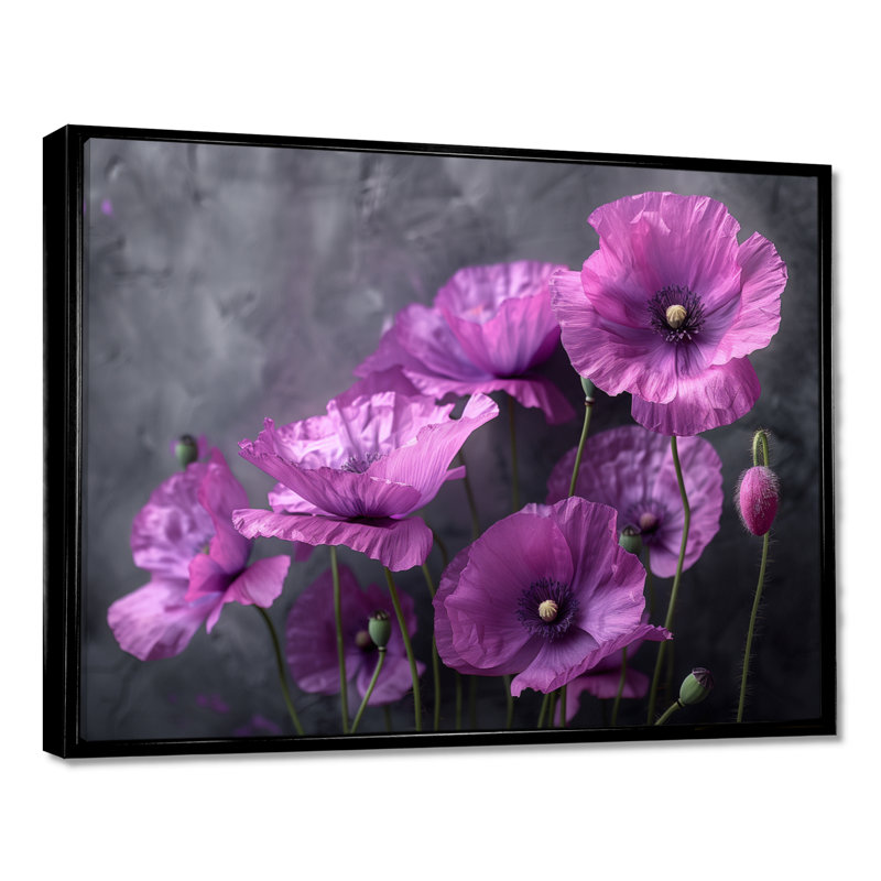 Impression sur toile mauve, gris et fragiles - Poppies, Toile avec cadre flottant noir, H 34 po x l 44 po x P 1,5 po