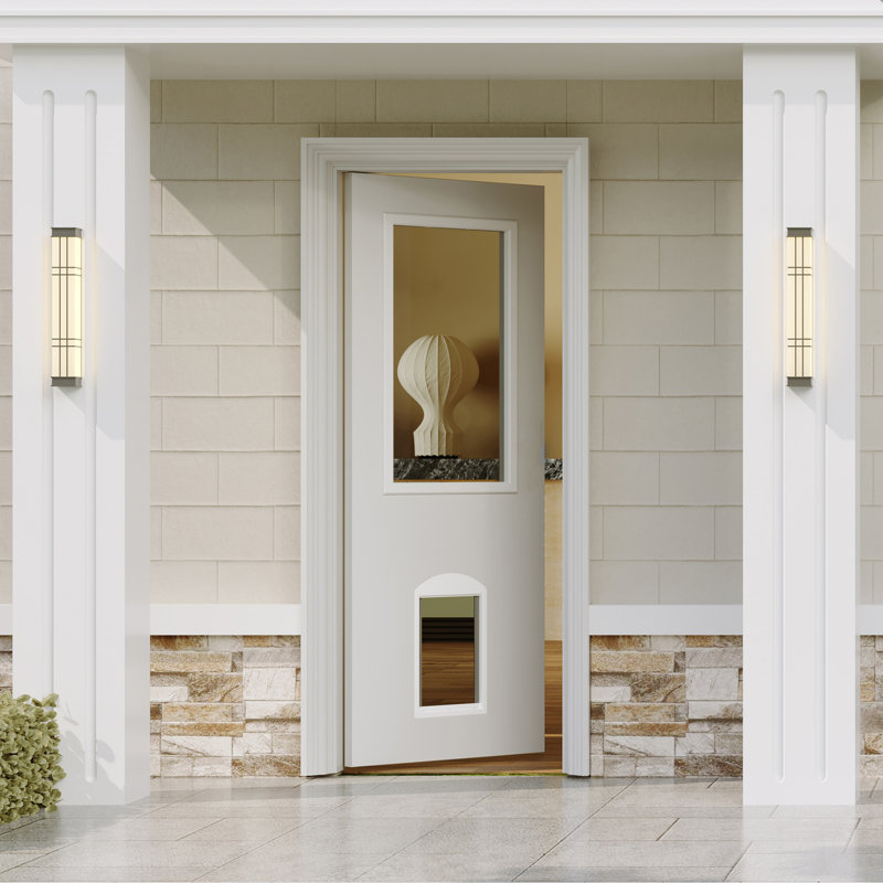 Dalle de porte d'entrée avec cadre - 1 porte en verre transparent et magnétique pour animaux, bois massif apprêté blanc
