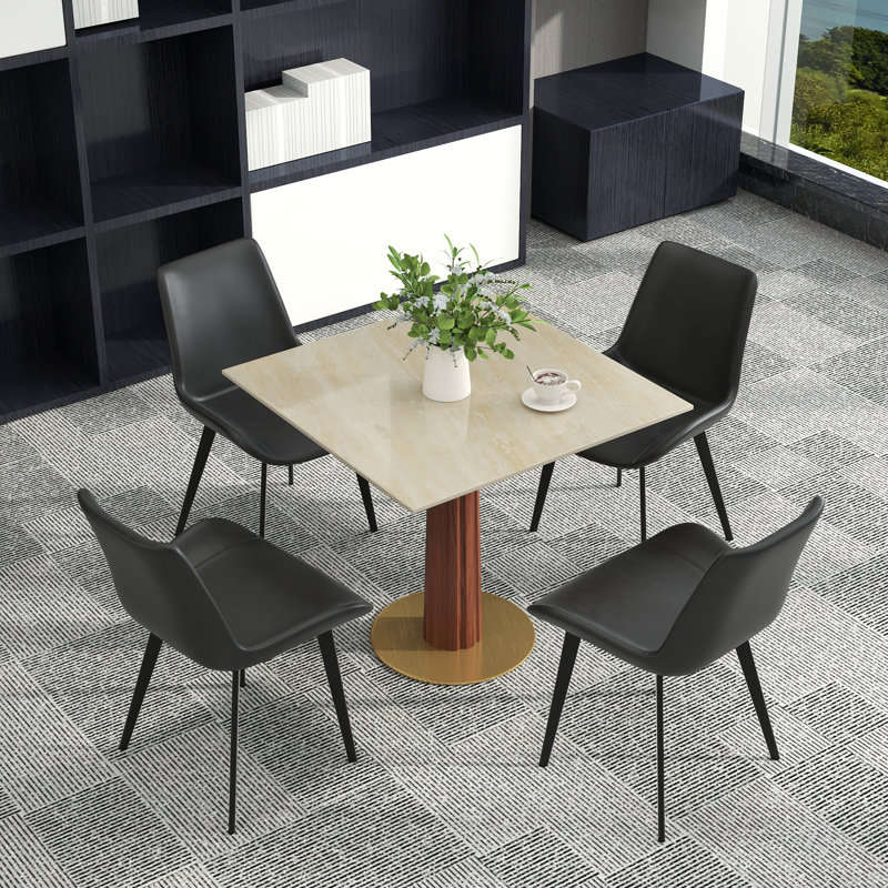 Table de conférence carrée moderne en pierre frittée avec base en bois massif, Cream