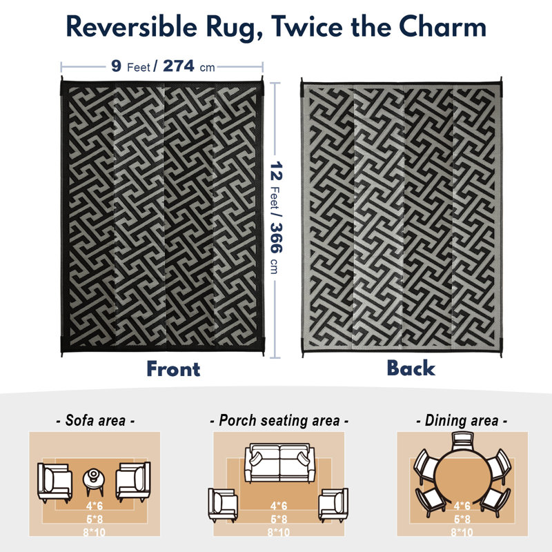 Beige/Black Outdoor/Indoor Area Rug, Rectangle 9' x 12'