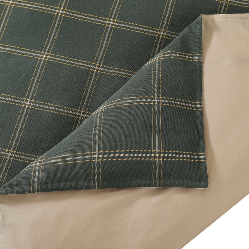 Windowpane Plaid Classic Modern Rustic Cotton Duvet Cover Set, Queen Duvet Cover + 2 Standard Shams, Green/Orange Plaid