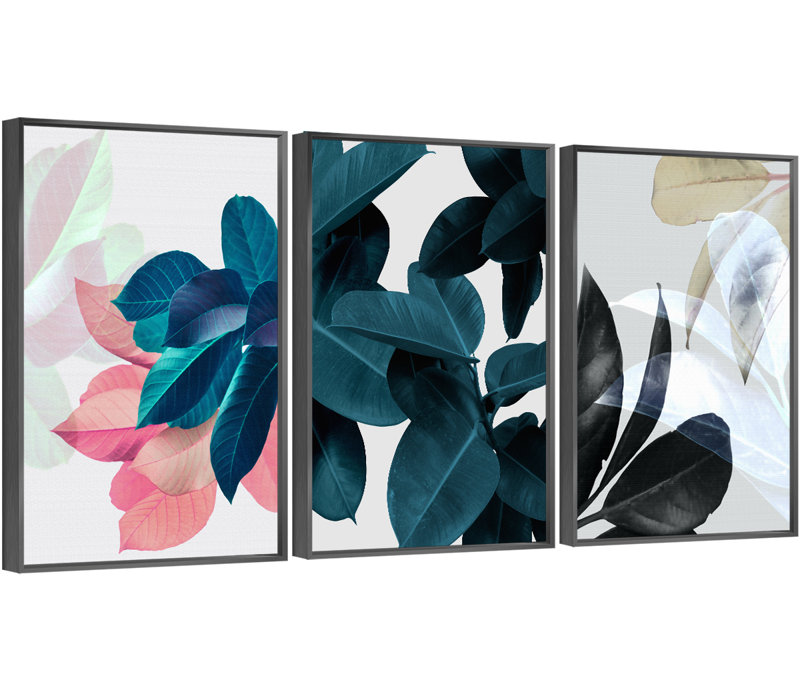 "Plants Aluminium", ensemble de 3 reproductions d'art encadrées sur toile_QS38-1, H 16,3 po x l 36,3 po x P 1,65 po, Noir