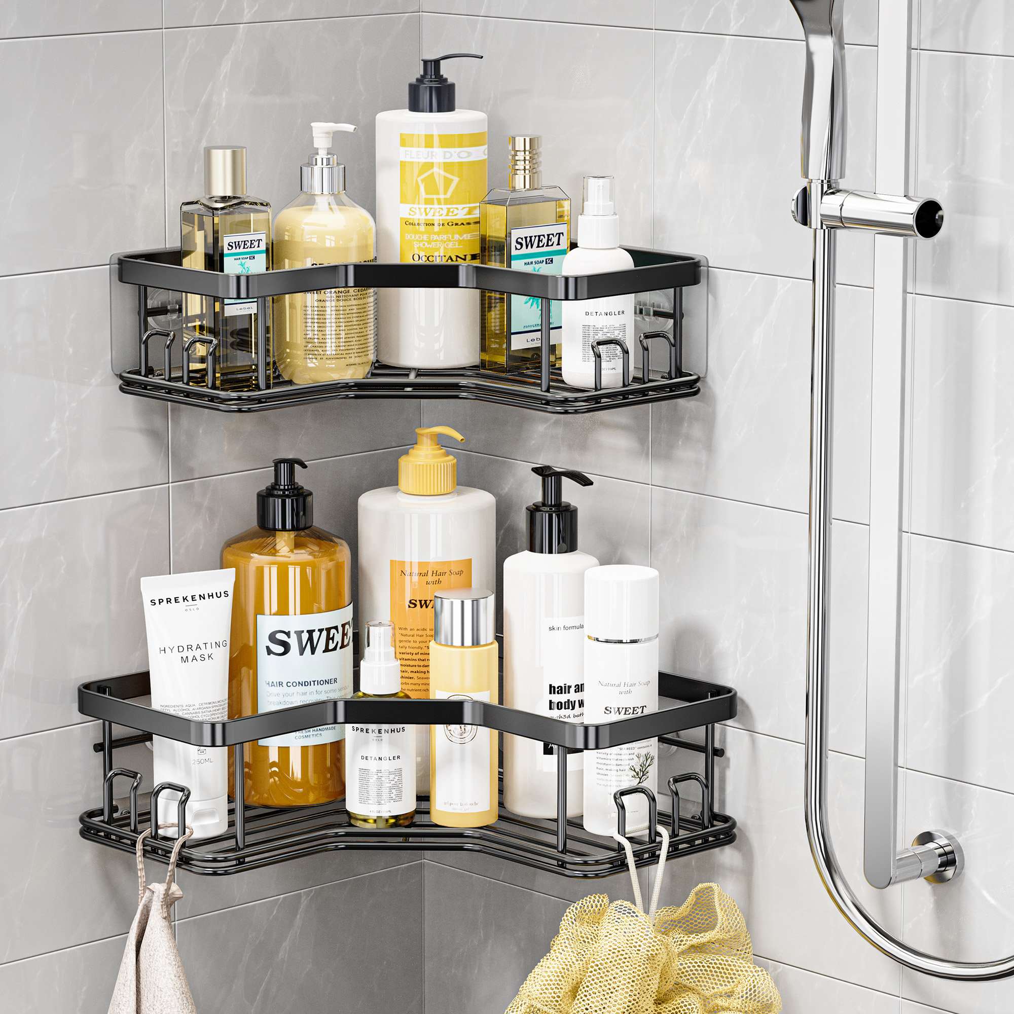 ODesign Adhesive Shower Caddy Basket Shelf with 4 Hooks for Shampoo  Conditioner Sponge Razor Soap Dish Holder Kitchen Bathroom Organizer No  Drilling