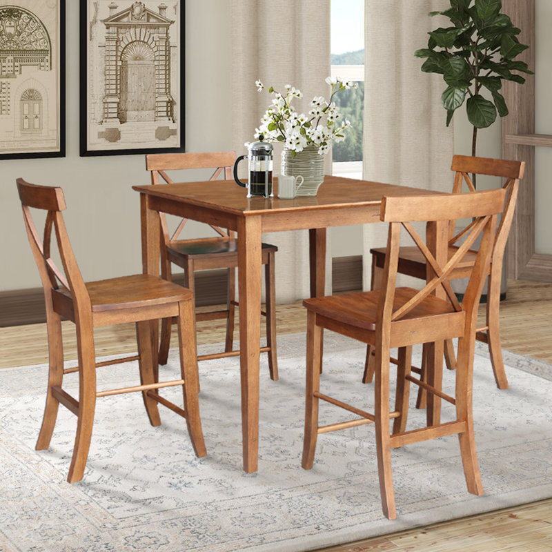 Dalonzo Counter Height Solid Wood Dining Set, White, 5 Pieces
