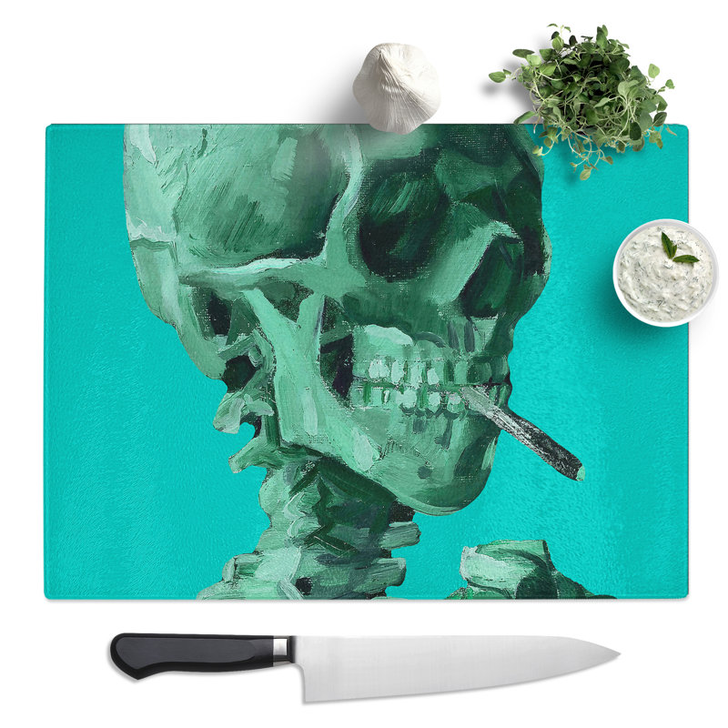 Blue Skull Of A Skeleton With Cigarette By Vincent Van Gogh  Glass Chopping Board